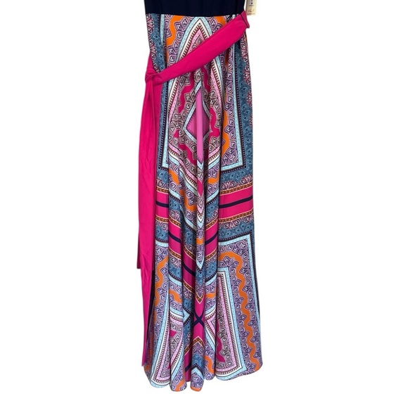 NWT Eliza J | Navy Pink Scarf Print Sleeveless‎ Belt Maxi Dress 10 - Picture 7 of 9